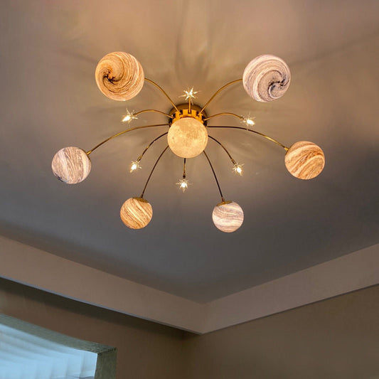 Contemporary Nordic Kids Iron Glass Ball Earth Planet 13-Light Semi-Flush Mount Ceiling Light For Bedroom