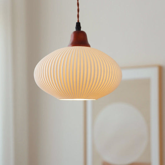 Traditional Japanese Pleated Round Dome Ceramic Solid Wood Iron 1-Light Pendant Light For Living Room & Bedroom