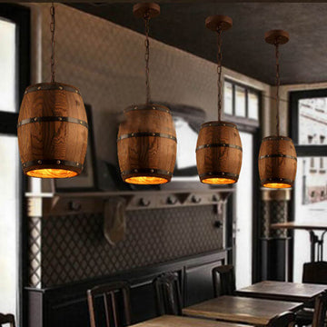 Traditional Rustic Round Iron Wood Wine Barrel 1-Light Single Barrel Pendant Light For Dining Room