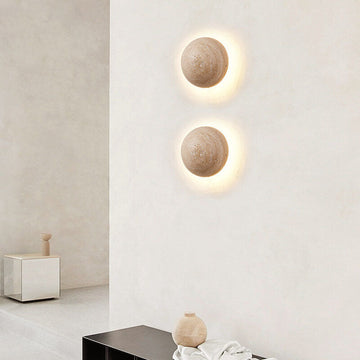 Traditional Japanese Round Yellow Travertine Wabi-Sabi LED Wall Sconce Lamp For Hallway