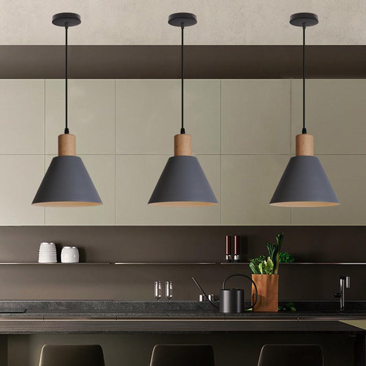 Traditional Vintage Iron Solid Wood Round Cone Top 1-Light Pendant Light for Living Room