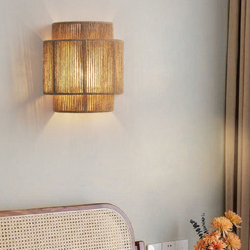 Traditional Japanese Rope Woven Curved 1-Light Wall Sconce Lamp For Living Room