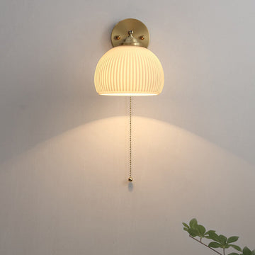 Contemporary Nordic Striped White Glass Brass 1-Light Pull Cord Wall Sconce Lamp For Bedroom