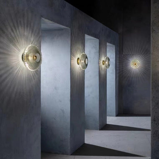 Contemporary Nordic Iron Striped Glass Round Disc 1-Light Wall Sconce Lamp for Living Room