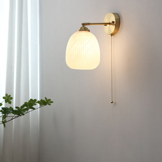 Contemporary Nordic Striped White Glass Brass 1-Light Pull Cord Wall Sconce Lamp For Bedroom