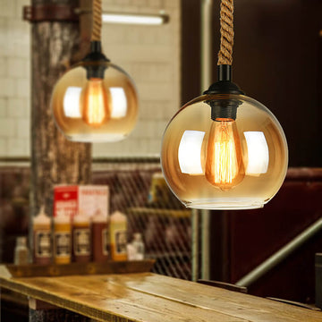 Traditional Vintage Glass Metal Rope Hanging Round 1-Light Pendant Light for Living Room