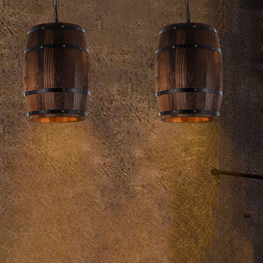 Traditional Rustic Round Iron Wood Wine Barrel 1-Light Single Barrel Pendant Light For Dining Room