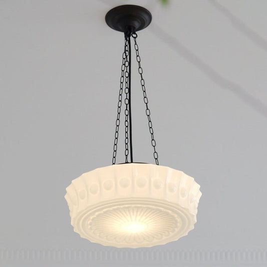 Traditional French Iron Glass Stripes Round Drum LED Semi-Flush Mount Ceiling Light For Living Room & Bedroom
