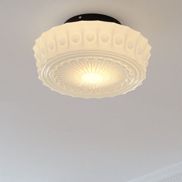 Traditional French Iron Glass Stripes Round Drum LED Semi-Flush Mount Ceiling Light For Living Room & Bedroom