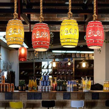 Traditional Vintage Resin Hemp Rope Wine Barrel Resin 1-Light Pendant Light For Living Room