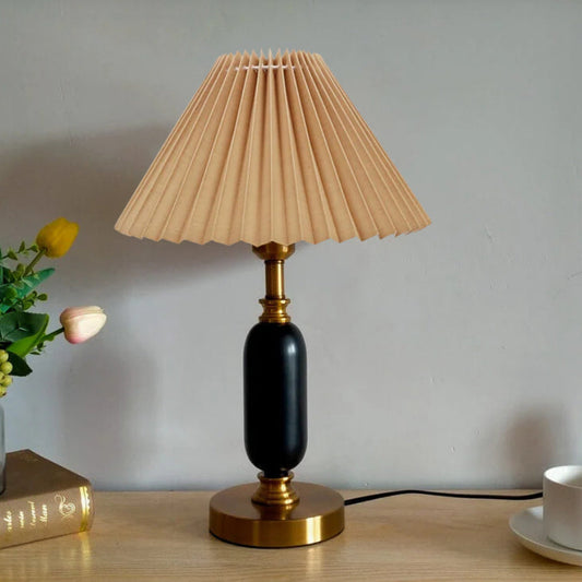 Traditional French Round Fabric PVC Metal Pleated Shade 1-Light Table Lamp For Bedroom