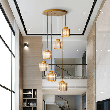 Modern Prismatic Crystal Cylindrical 6-Light Stairway Chandeliers