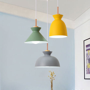 Contemporary Nordic Oak Wood Iron Bell Cone Dome 1-Light Pendant Light For Living Room