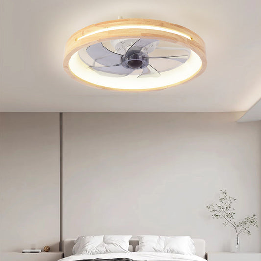 Traditional Japanese Solid Wood Iron Acrylic ABS Round Hollowed LED Flush Mount Ceiling Fan Light For Bedroom