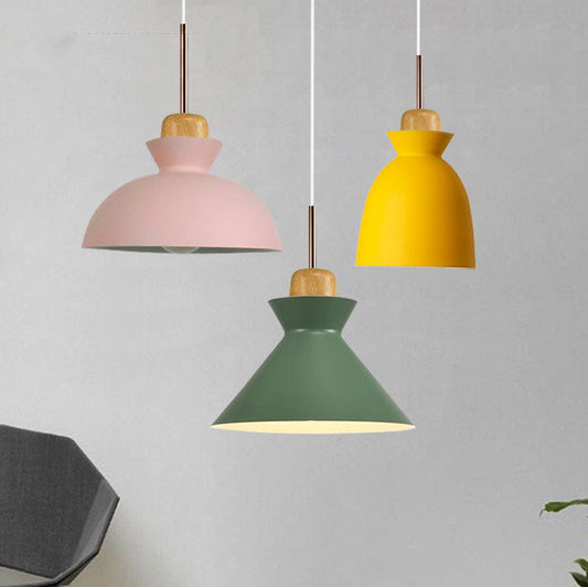 Contemporary Nordic Oak Wood Iron Bell Cone Dome 1-Light Pendant Light For Living Room