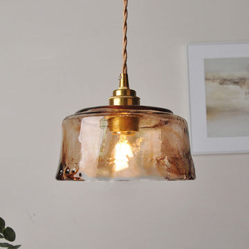 Traditional Vintage Amber Drum Round Glass Brass 1-Light Pendant Light For Living Room