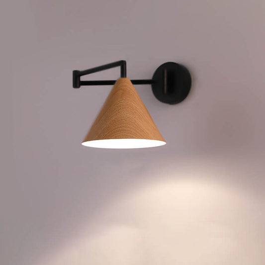 Contemporary Nordic Cone Swing Arm Wood Grain Iron 1-Light Wall Sconce Lamp For Bedroom