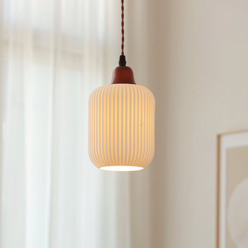 Traditional Japanese Pleated Round Dome Ceramic Solid Wood Iron 1-Light Pendant Light For Living Room & Bedroom